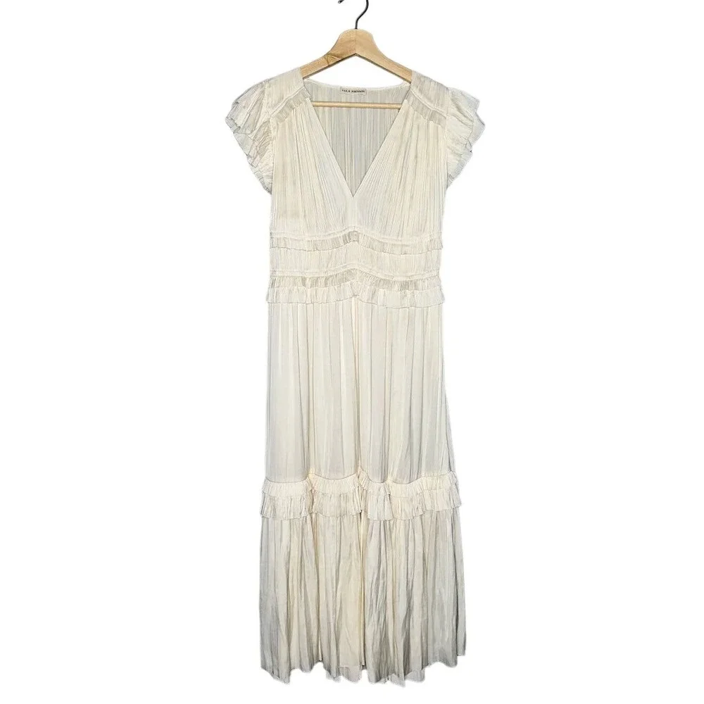 Ulla Johnson Jolee Plisse Satin Midi Dress in Ivory Size 6 Pleated Cream Gown - Picture 5 of 11